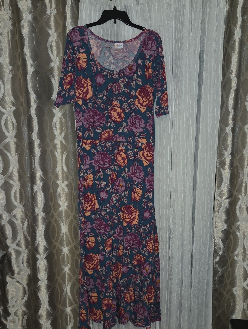 LuLaRoe Teal Maxi Dress with Pink and Orange Floral Print